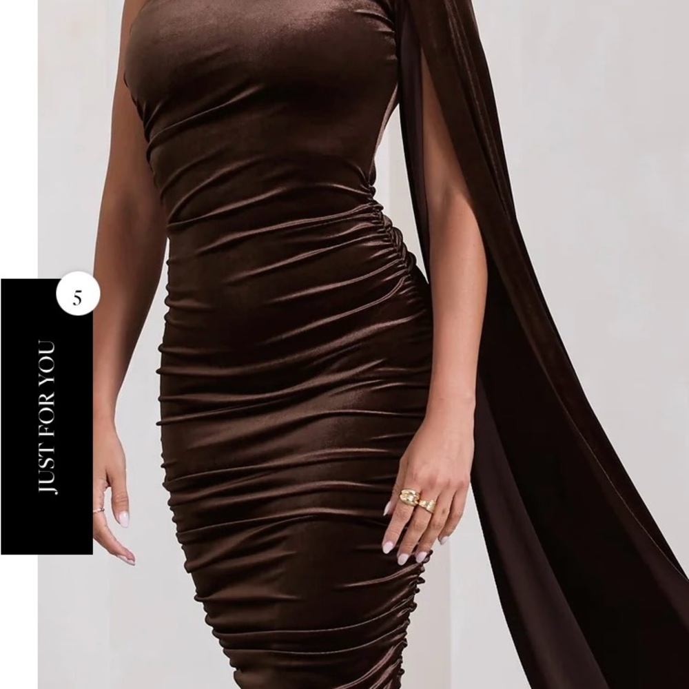 YARA BROWN ONE SHOULDER CAPE RUCHED MIDI DRESS - SIZE 8